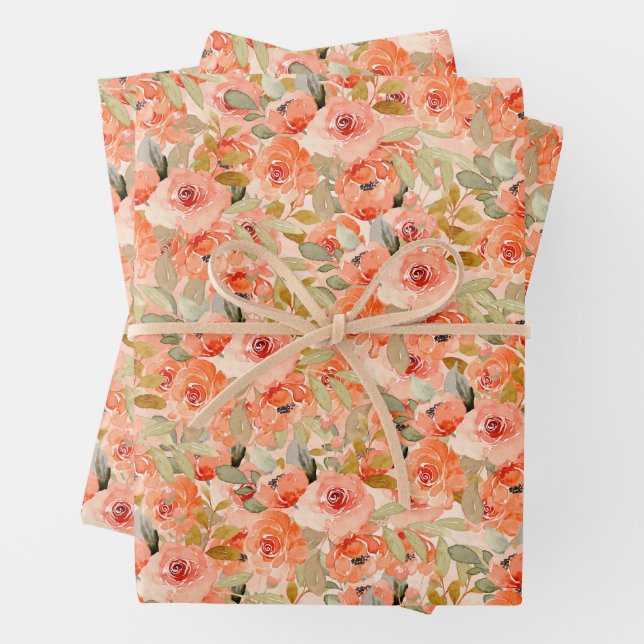 Feuille De Papier Cadeau Élégant floral aquarelle orange  (En situation)