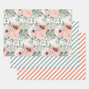 Feuille De Papier Cadeau Élégant floral aquarelle rose et rayures vert saug