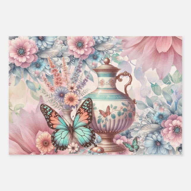Feuille De Papier Cadeau Élégant floral et papillons (Devant 3)