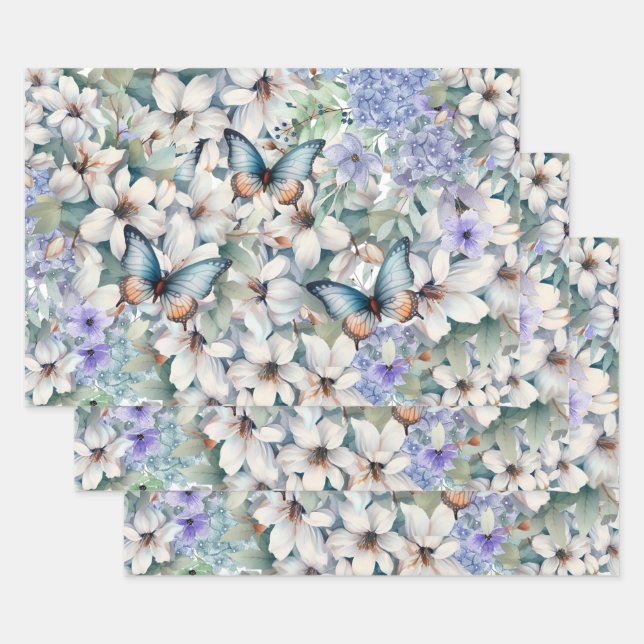Feuille De Papier Cadeau Élégant floral et papillons (Lot)