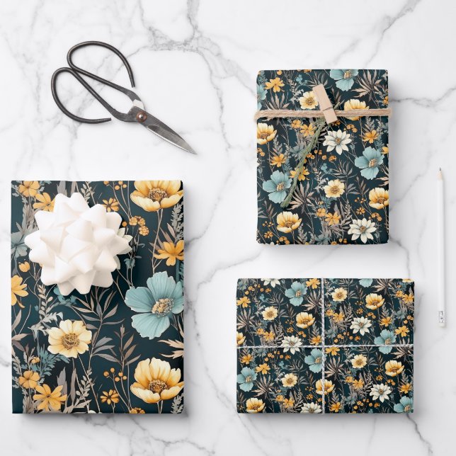 Feuille De Papier Cadeau Élégant floral jaune et noir (Recto)