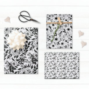Feuille De Papier Cadeau Élégant floral noir et blanc