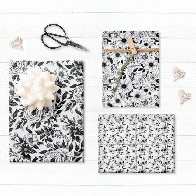 Feuille De Papier Cadeau Élégant floral noir et blanc (Elegant flowers decorate this pretty gift wrap sheet set.)