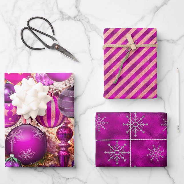 Feuille De Papier Cadeau Élégant fuchsia Noël ornements vacances (Recto)