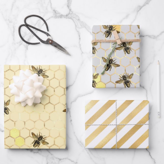 Feuille De Papier Cadeau Élégant Gold Bees Honeypeb (Recto)