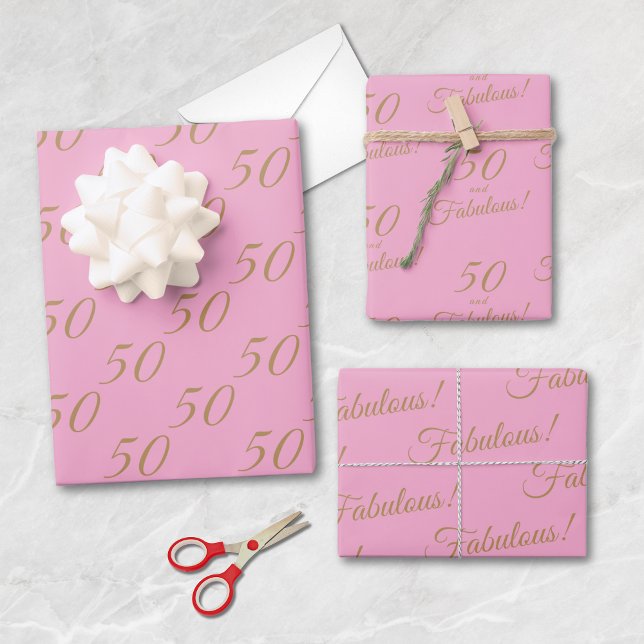 Feuille De Papier Cadeau Elégant Gold Pink 50 Fabuleux anniversaire (Créateur téléchargé)