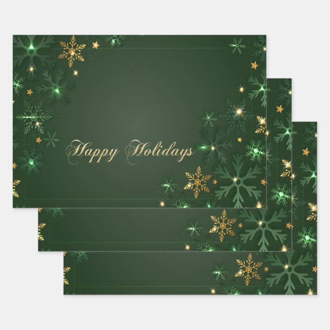 Feuille De Papier Cadeau Élégant Green Gold Snowflakes vacances (Lot)
