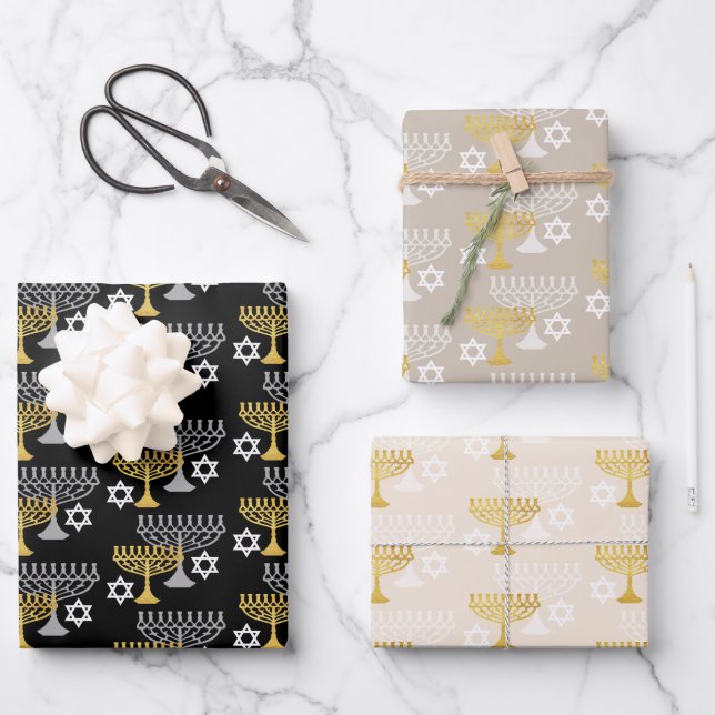 Feuille De Papier Cadeau Elégant Hanoukka Holiday Motif Gold (Recto)