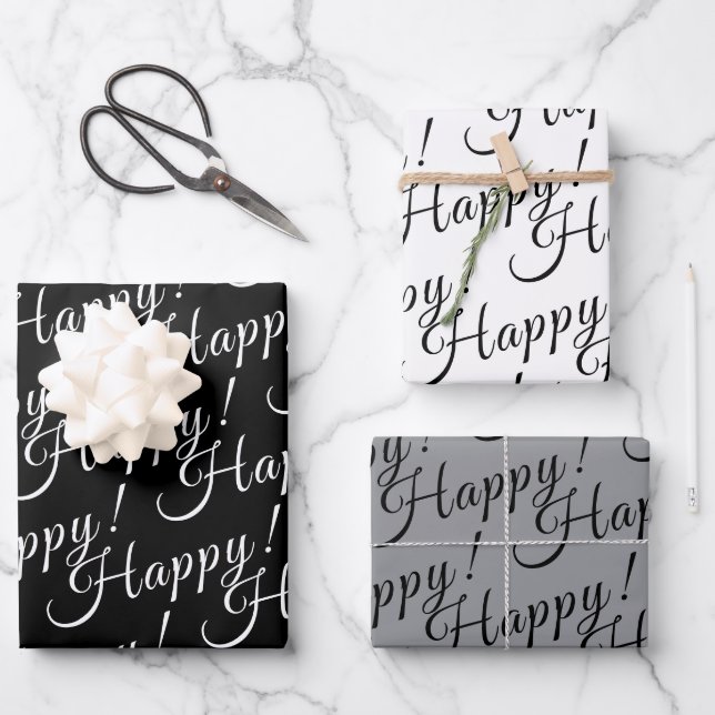 Feuille De Papier Cadeau élégant HAPPY ! lettrage | (Recto)