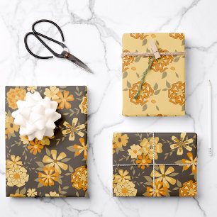 Feuille De Papier Cadeau Elégant Jaune Orange Fleurs Sur Brown