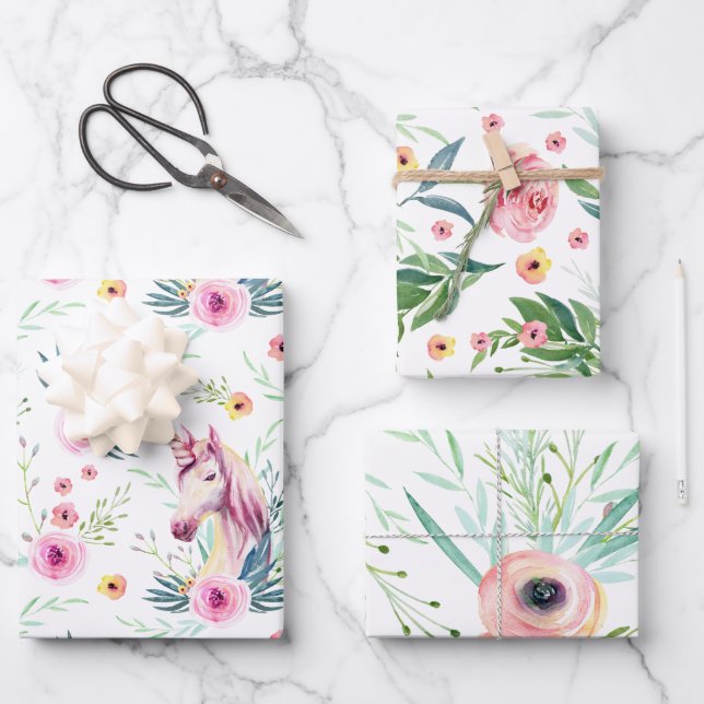 Feuille De Papier Cadeau Élégant licorne florale (Recto)