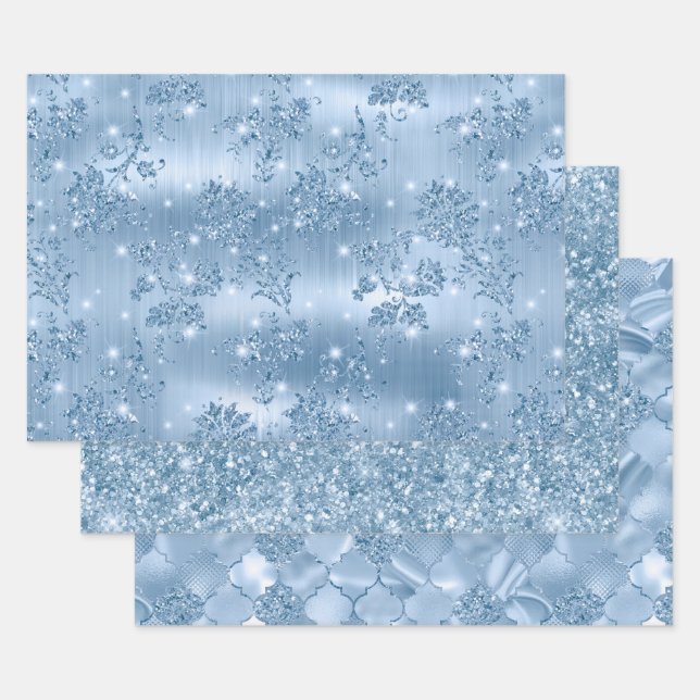 Feuille De Papier Cadeau Elegant Light Blue Glitter Glam Patterns (Lot)
