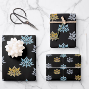 Feuille De Papier Cadeau Elégant Lotus Flowers Bleu Argent Or Yoga plat
