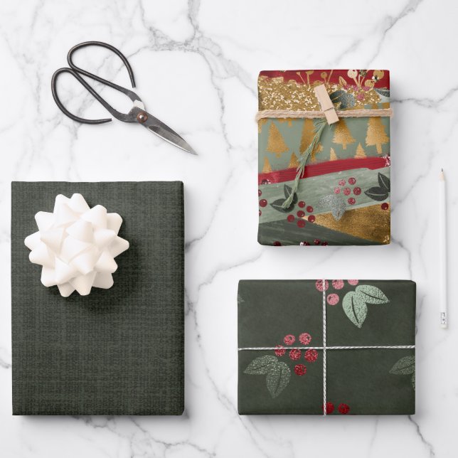Feuille De Papier Cadeau Elégant Luxe Vert Rouge Or Noël (Recto)