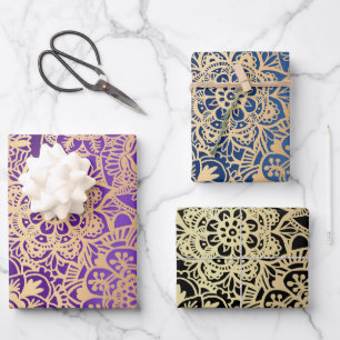 Feuille De Papier Cadeau Élégant Mandala Motif Purple Blue Gold Black