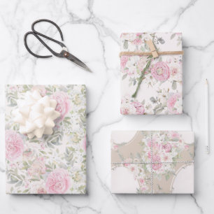 Feuille De Papier Cadeau Elégant Mariage floral Rose et tourterelles