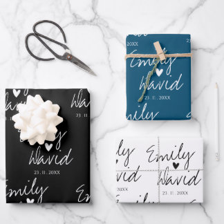 Feuille De Papier Cadeau Élégant marié Noms de mariée noir bleu blanc Maria