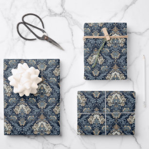 Feuille De Papier Cadeau Elégant marine et ivoire damask jacquard motif