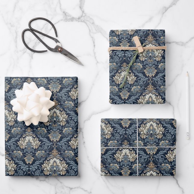 Feuille De Papier Cadeau Elégant marine et ivoire damask jacquard motif (Recto)
