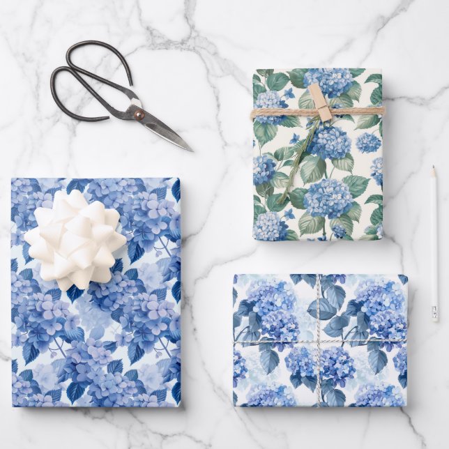 Feuille De Papier Cadeau Élégant modèle floral d'Hydrangée bleue (Recto)