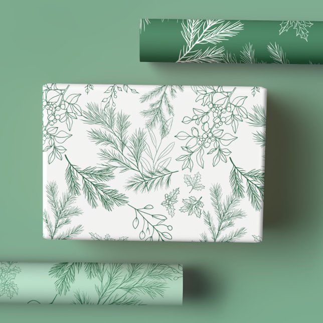 Feuille De Papier Cadeau Élégant Monochrome Vert Rustique Botaniques d'hive (Créateur téléchargé)