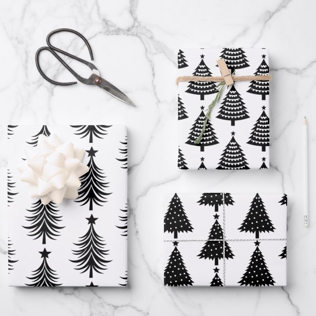 Feuille De Papier Cadeau Élégant Motif d'arbre de Noël noir et blanc (Recto)