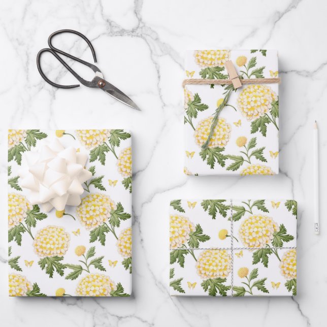 Feuille De Papier Cadeau Élégant Motif de fleurs d'hydragea jaune (Recto)