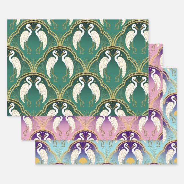 Feuille De Papier Cadeau Élégant Motif de grue Art Déco (Lot)