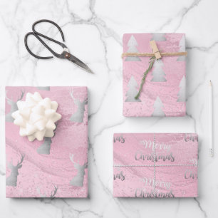 Feuille De Papier Cadeau Élégant motif de Noël moderne argent et rose