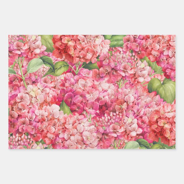 Feuille De Papier Cadeau Élégant Motif d'Hydrangée rose florale (Devant 3)