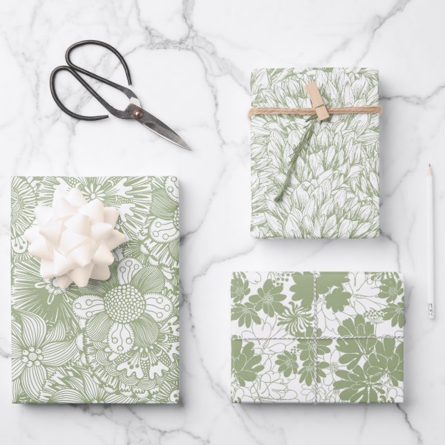 Feuille De Papier Cadeau Élégant motif floral Chic Sage Green (Recto)