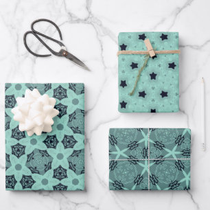 Feuille De Papier Cadeau Élégant Motif Floral & Étoile dans les tons Mint