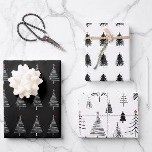 Feuille De Papier Cadeau Élégant Motif noir blanc sapin de Noël