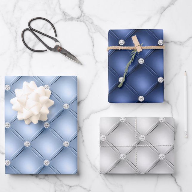 Feuille De Papier Cadeau Élégant Motifs bleus et diamants blancs touffés (Recto)