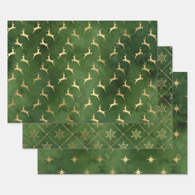 Feuille De Papier Cadeau Élégant motifs de Noël vert et or (Lot)
