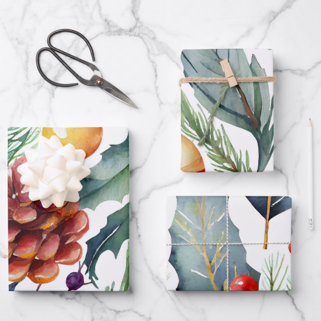 Feuille De Papier Cadeau Elégant Noël aquarelle de vacances (Recto)