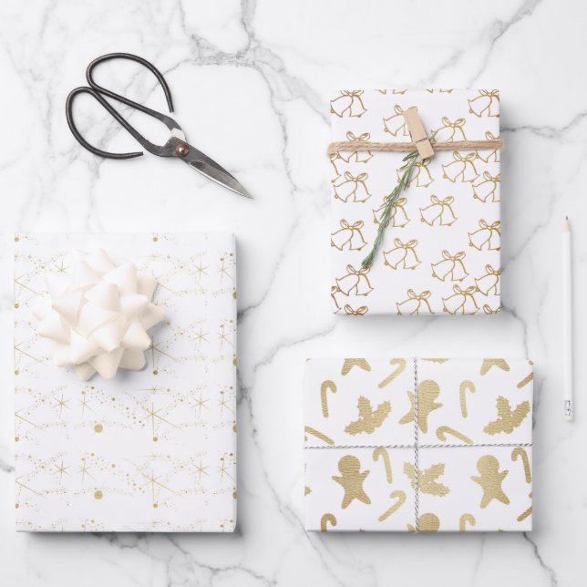 Feuille De Papier Cadeau Élégant Noël or et blanc (Recto)