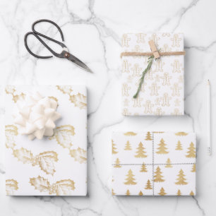Feuille De Papier Cadeau Élégant Noël or et blanc