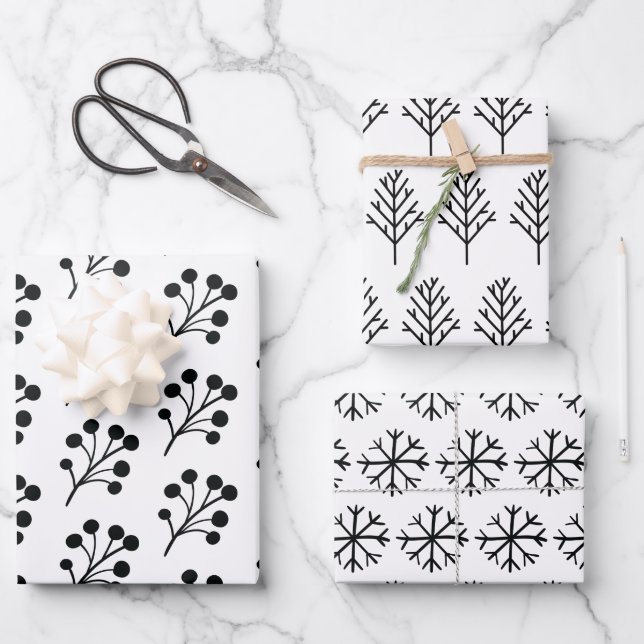 Feuille De Papier Cadeau Elégant noir & blanc Motif de Noël tendance (Recto)