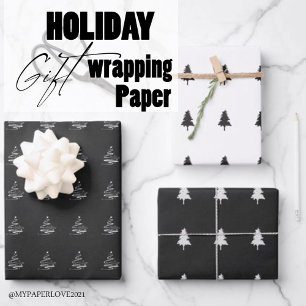 Feuille De Papier Cadeau Elégant noir blanc Noël Arbre Motif Cadeau