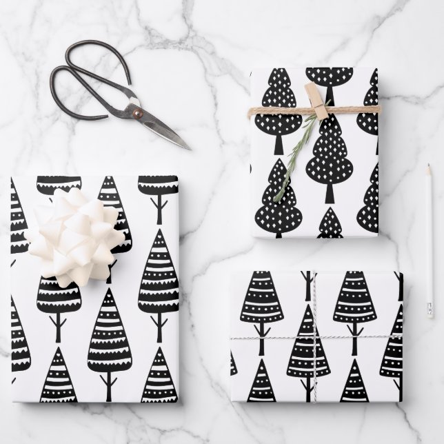 Feuille De Papier Cadeau Élégant Noir Blanc Noël Arbres de Noël (Recto)