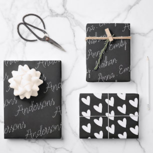 Feuille De Papier Cadeau Élégant Noir Blanc Nom de famille Coeur Noël