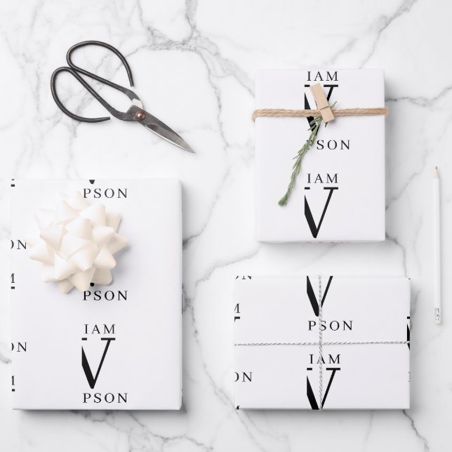 Feuille De Papier Cadeau Élégant Noir & Blanc Nom Monogramme (Recto)