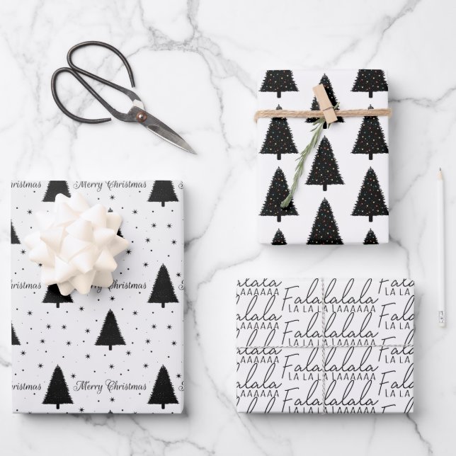 Feuille De Papier Cadeau Élégant Noir et Blanc Arbre de Noël Joyeux Noël (Recto)