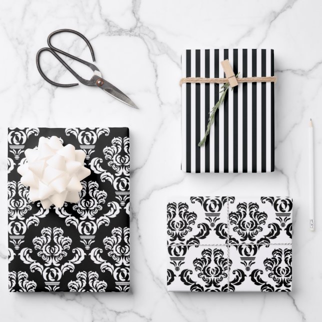 Feuille De Papier Cadeau Élégant noir et blanc Damas (Recto)