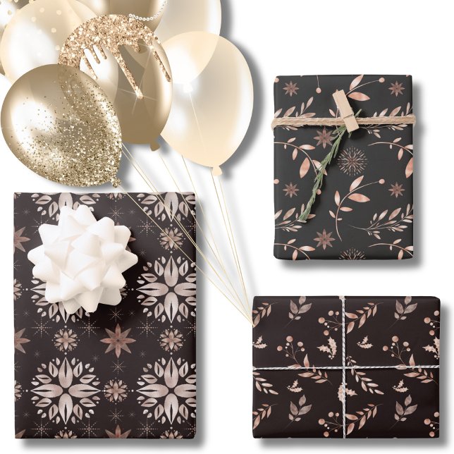 Feuille De Papier Cadeau Elégant Noir moderne hiver ou vacances Botanique (Elegant Black Winter Botanical Wrapping Paper Sheets)
