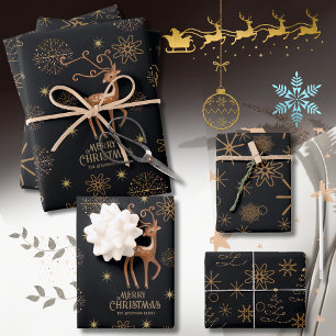 Feuille De Papier Cadeau Élégant Noir & Or Cerf personnalisé Noël