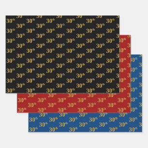 Feuille De Papier Cadeau Élégant Noir, Rouge, Bleu, Faux Or 30ème événement