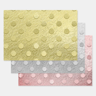Feuille De Papier Cadeau Elégant Or Argent Rose Métal Sheen Polka Point