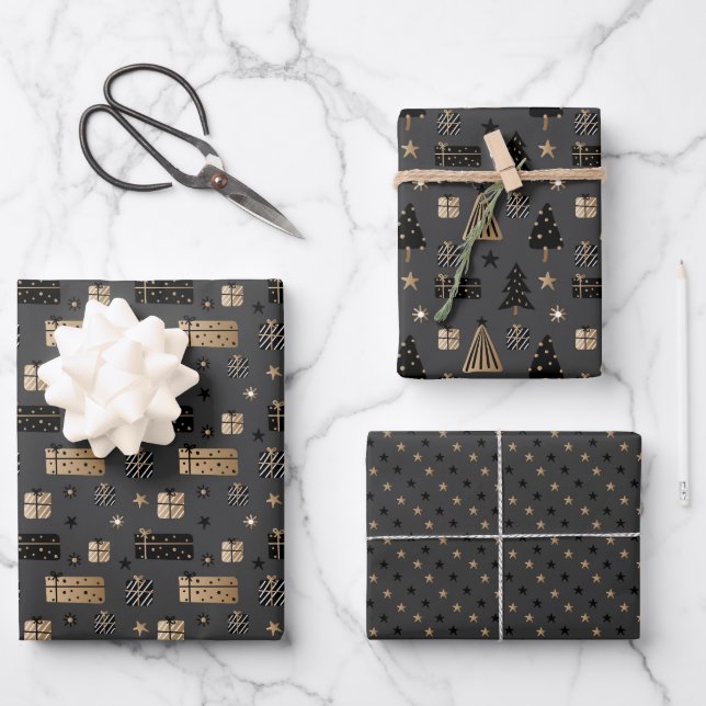 Feuille De Papier Cadeau Élégant Or Et Noir Noël Moderne (Recto)